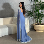 Vintage Dusty Blue Mermaid Classy Evening Dress Applique Beaded Classy Prom Dress Unique Cape Design Long Party Dress