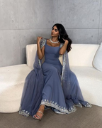 Vintage Dusty Blue Mermaid Classy Evening Dress Applique Beaded Classy Prom Dress Unique Cape Design Long Party Dress