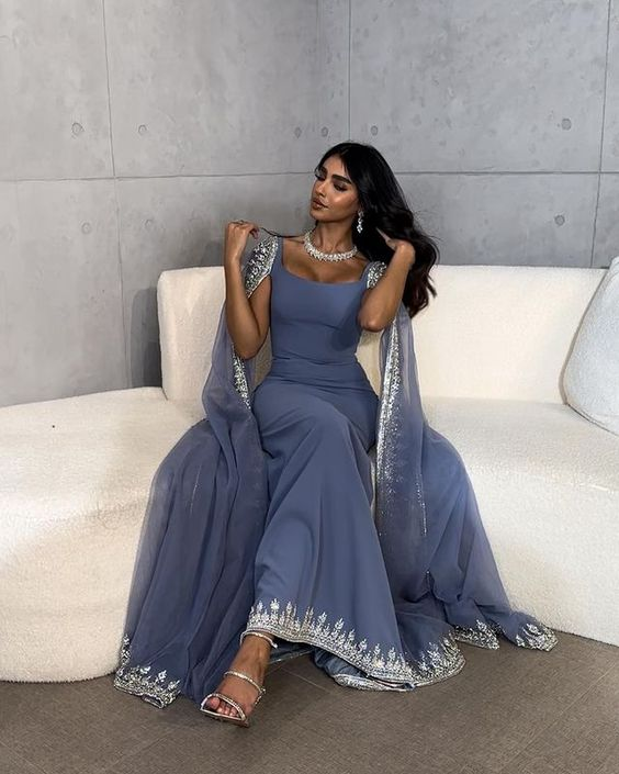 Vintage Dusty Blue Mermaid Classy Evening Dress Applique Beaded Classy Prom Dress Unique Cape Design Long Party Dress
