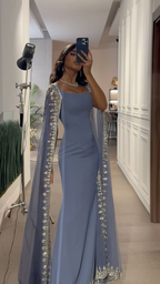 Vintage Dusty Blue Mermaid Classy Evening Dress Applique Beaded Classy Prom Dress Unique Cape Design Long Party Dress