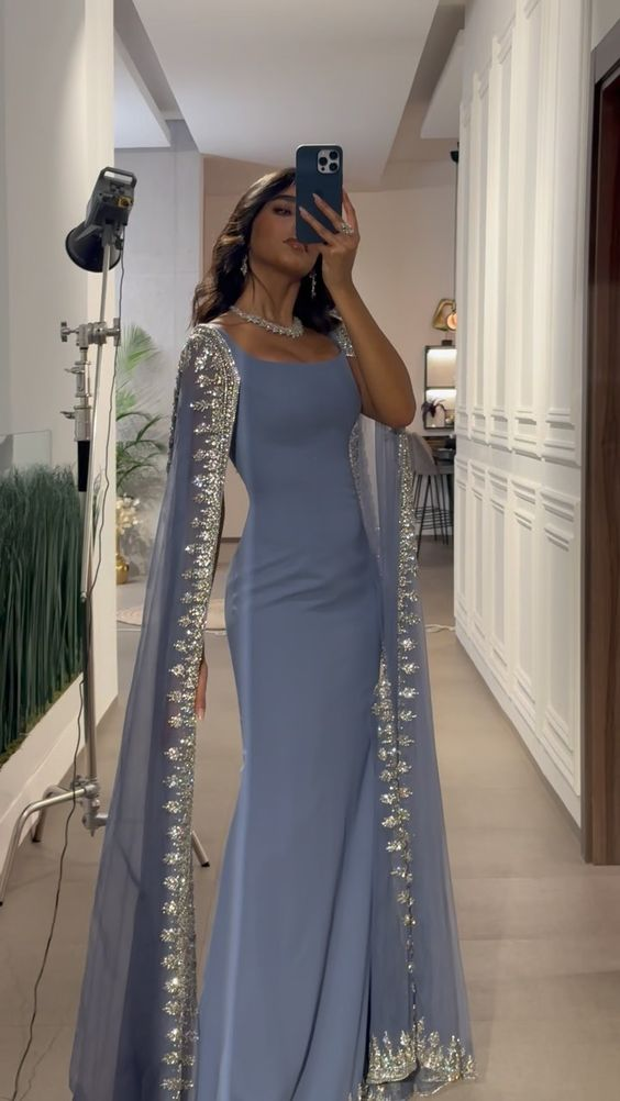 Vintage Dusty Blue Mermaid Classy Evening Dress Applique Beaded Classy Prom Dress Unique Cape Design Long Party Dress
