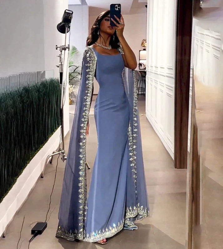 Vintage Dusty Blue Mermaid Classy Evening Dress Applique Beaded Classy Prom Dress Unique Cape Design Long Party Dress Main image