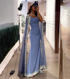 Vintage Dusty Blue Mermaid Classy Evening Dress Applique Beaded Classy Prom Dress Unique Cape Design Long Party Dress