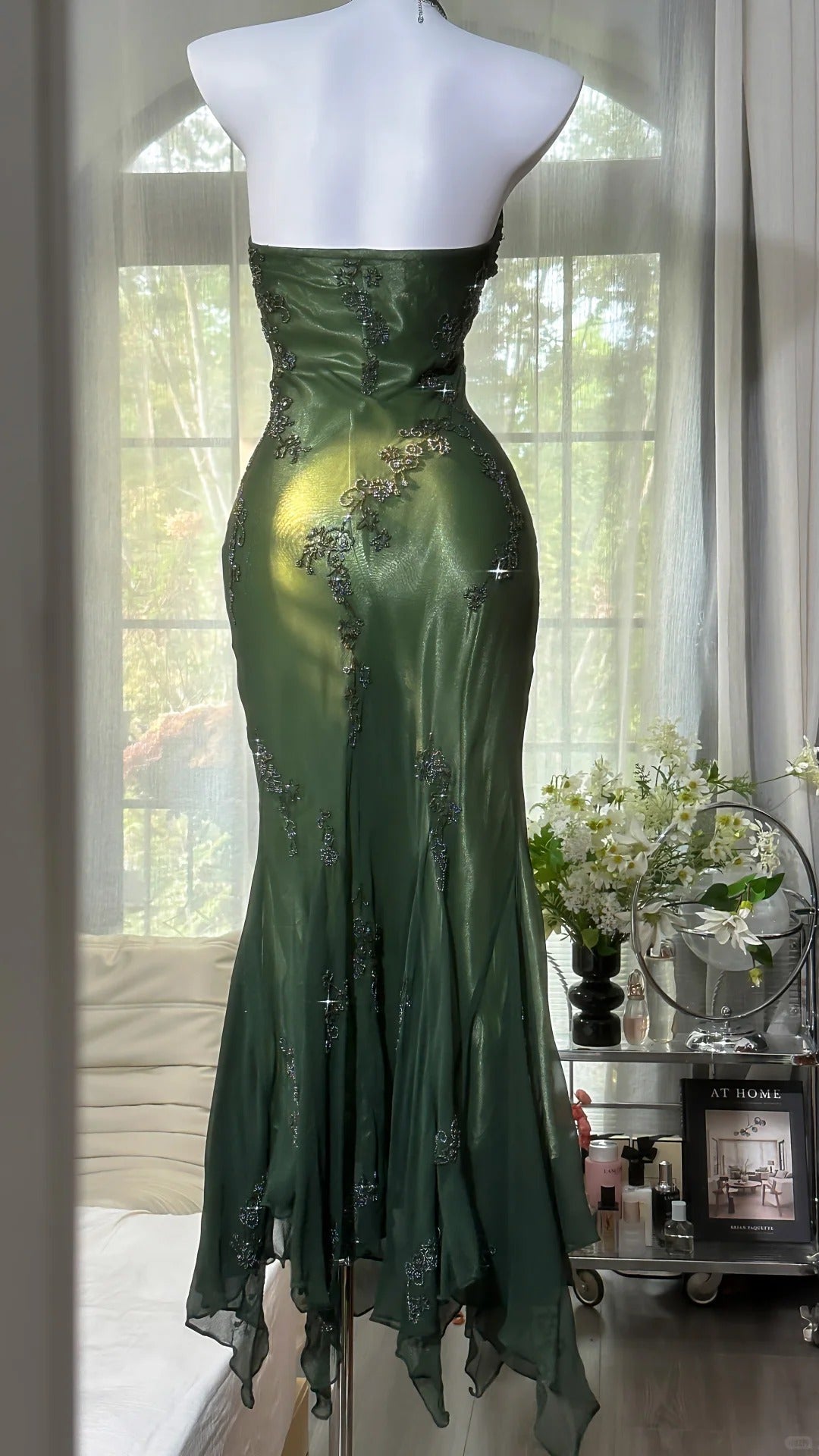 Luxury Dark Green Mermaid Bead Embroidered Chiffon Long Classy Prom Dress