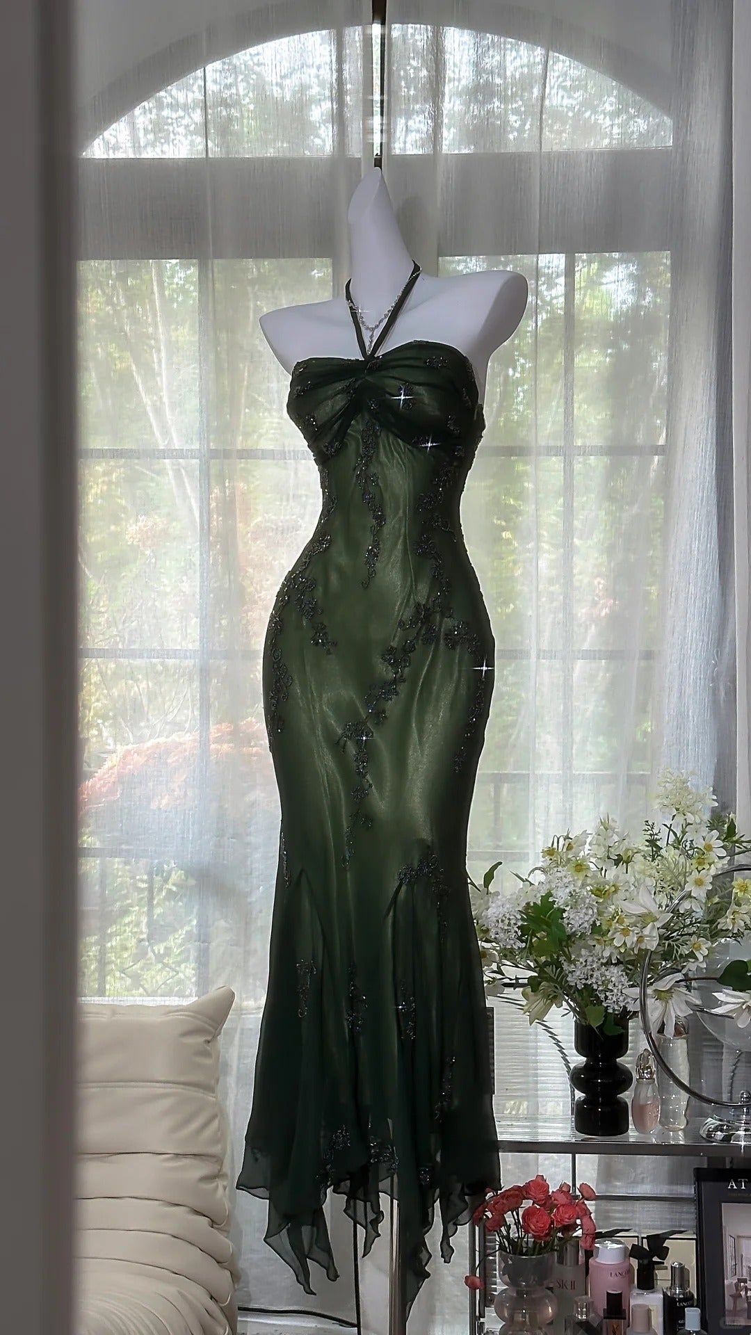 Luxury Dark Green Mermaid Bead Embroidered Chiffon Long Classy Prom Dress