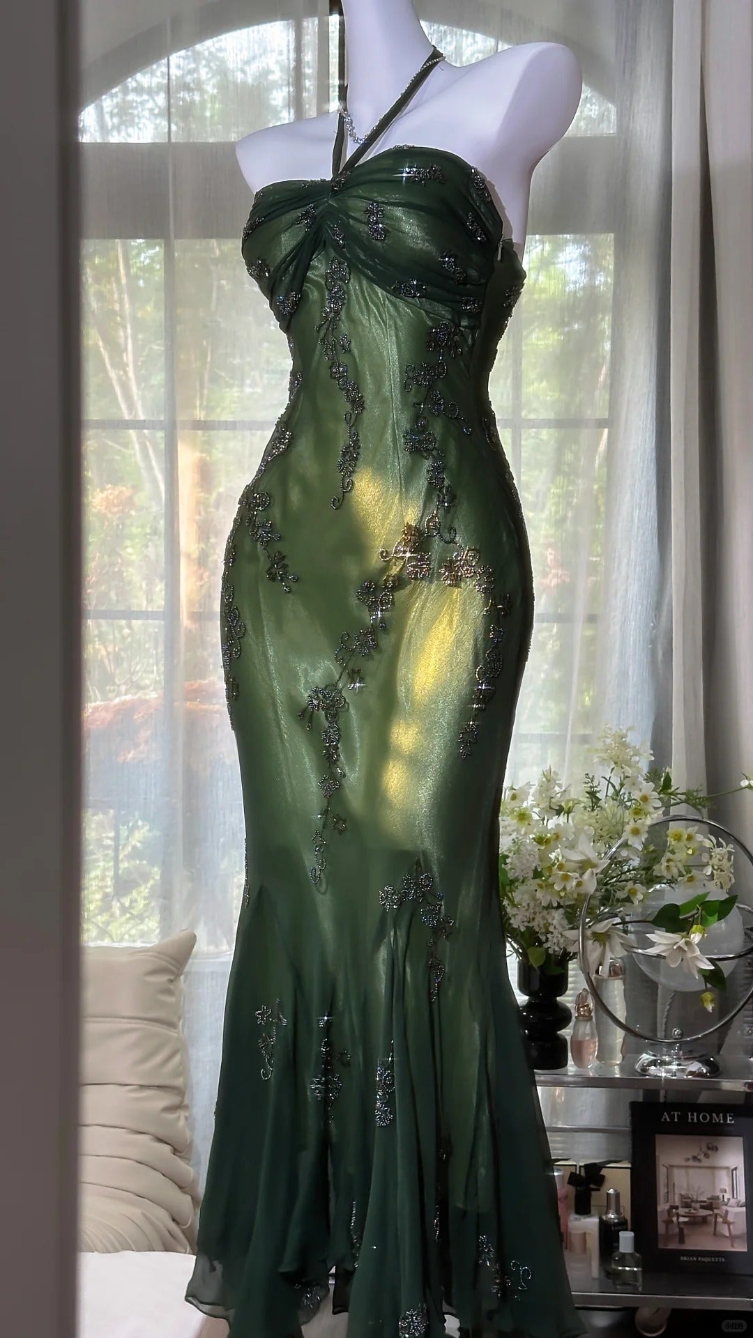 Luxury Dark Green Mermaid Bead Embroidered Chiffon Long Classy Prom Dress