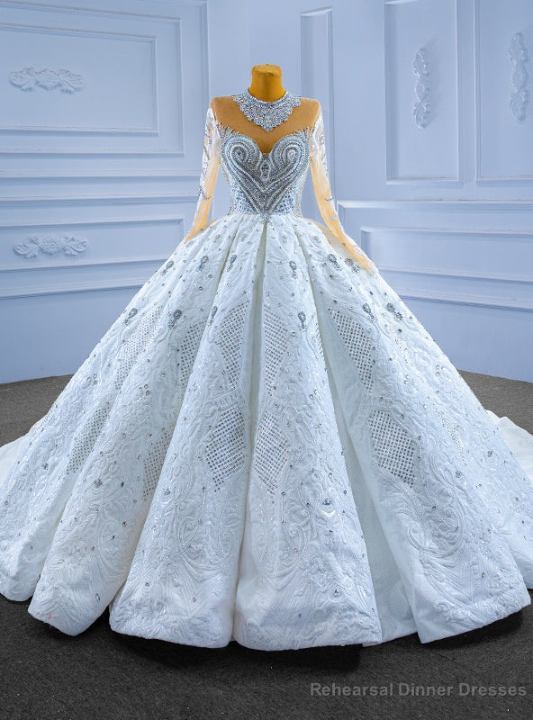 Luxury Dubai Sequins Long Sleeve Crystal Wedding Dress