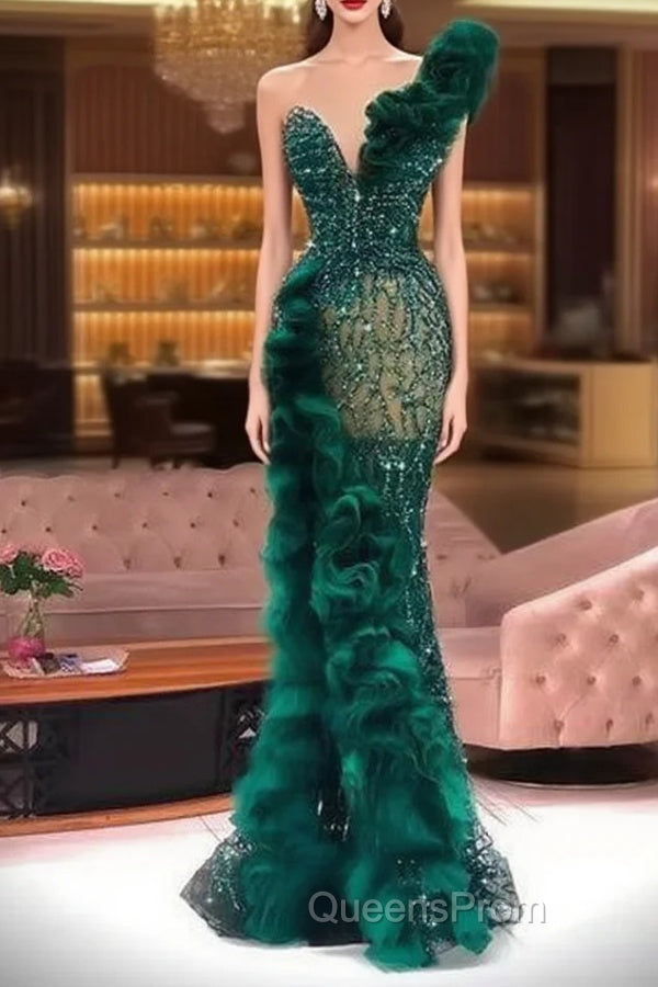 Luxury Evening Dress Fashion Design Side Split Ruffles Tulle Mermaid Evening Prom Dress Glitter Sequins Beads Custom Made Chic Evening Main image