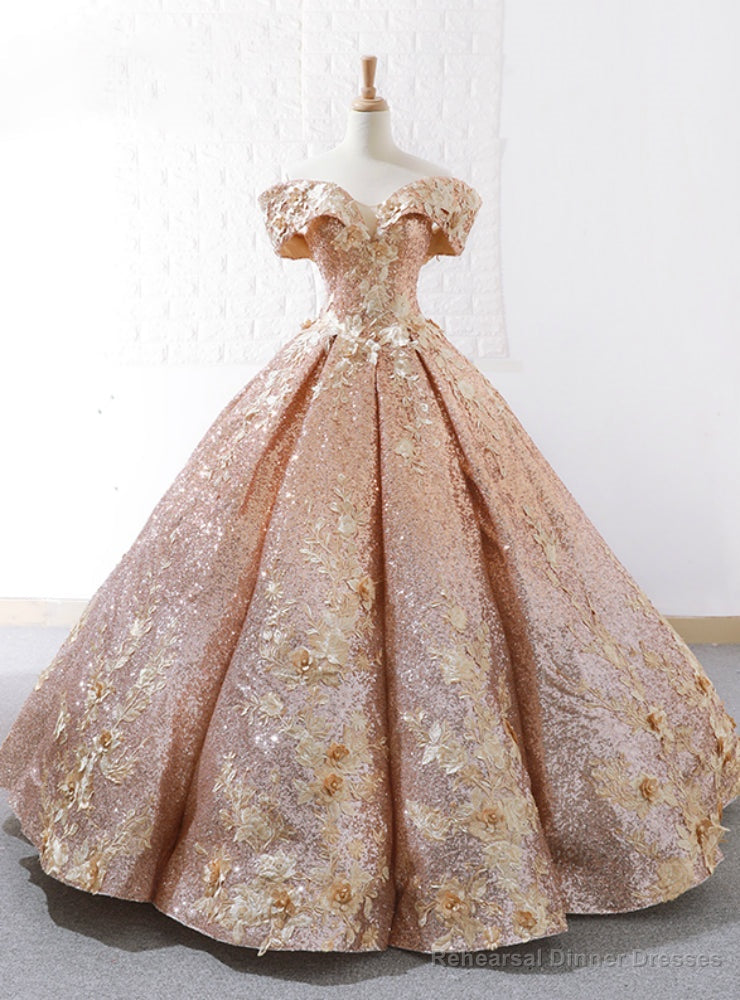 Luxury Gold Ball Gown Sequins Off The Shoulder Appliques Wedding Dress Main image