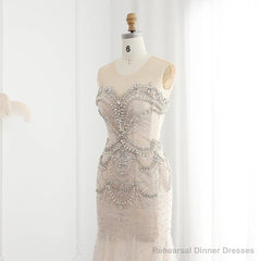 Luxury Mermaid Crystal Pearls Nude Tulle Long Prom Dress