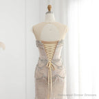 Luxury Mermaid Crystal Pearls Nude Tulle Long Prom Dress
