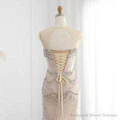 Luxury Mermaid Crystal Pearls Nude Tulle Long Prom Dress