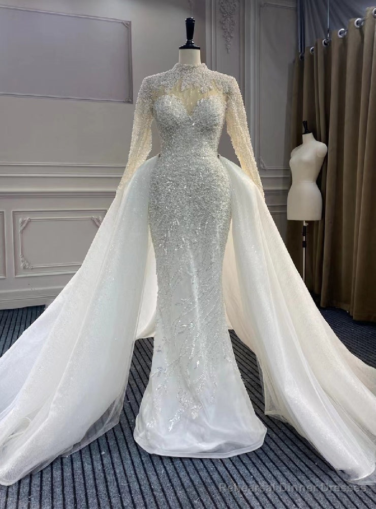 Luxury Mermaid Tulle Long Sleeve Beading Pearls Wedding Dress Main image