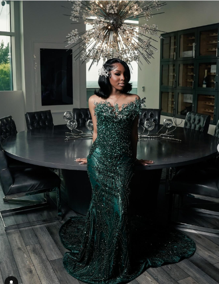 Luxury One Shoulder Satin Beaded Classy Evening Dress Emerald Green Mermaid Classy Prom Dress Secondary image