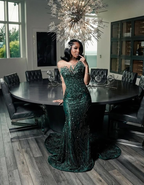 Luxury One Shoulder Satin Beaded Classy Evening Dress Emerald Green Mermaid Classy Prom Dress