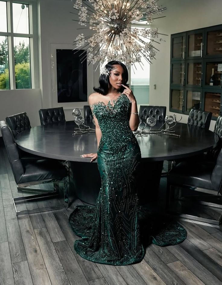 Luxury One Shoulder Satin Beaded Classy Evening Dress Emerald Green Mermaid Classy Prom Dress