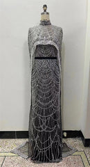 Luxury Pearls Beading Prom Dresses Sweep Train High Neck Zipper Sleeveless Evening Dresses