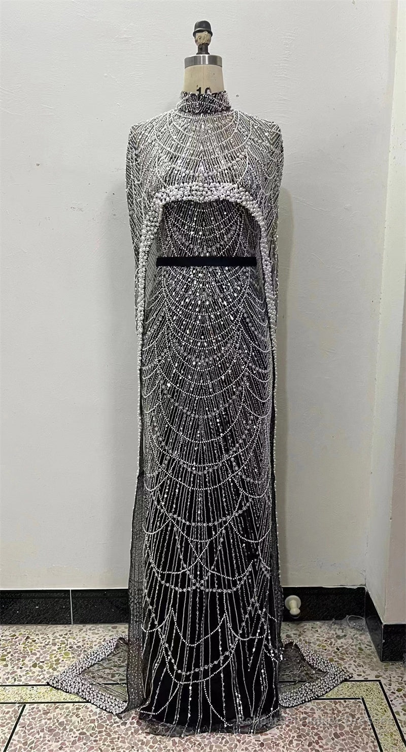Luxury Pearls Beading Prom Dresses Sweep Train High Neck Zipper Sleeveless Evening Dresses Main image