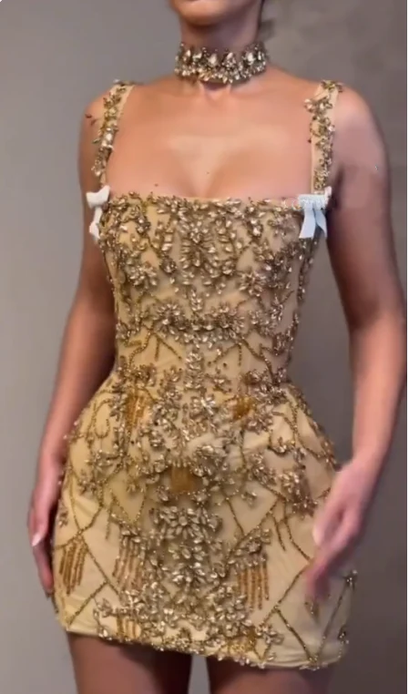Luxury Sheath Square Neck Gold Short Classy Grade Homecoming Dress Gold Cocktail Dress