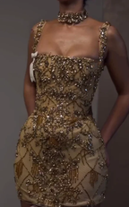 Luxury Sheath Square Neck Gold Short Classy Grade Homecoming Dress Gold Cocktail Dress