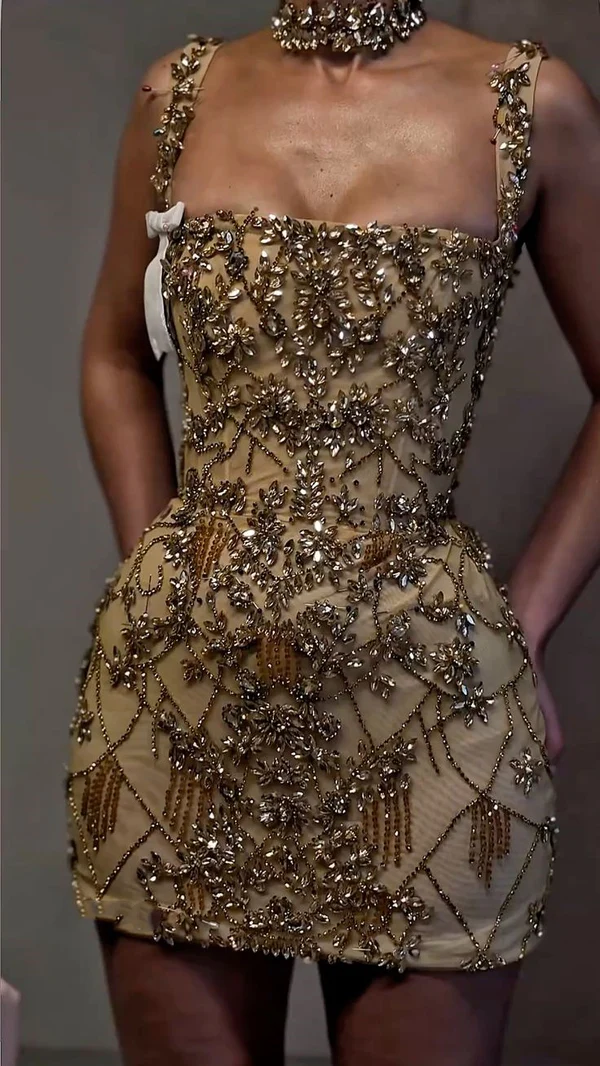 Luxury Sheath Square Neck Gold Short Classy Grade Homecoming Dress Gold Cocktail Dress Main image