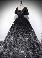 Luxury Shiny Black-Silver Gradient A-Line Short Sleeve Sequin Long Classy Prom Dress