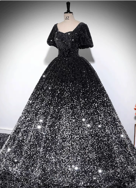 Luxury Shiny Black-Silver Gradient A-Line Short Sleeve Sequin Long Classy Prom Dress