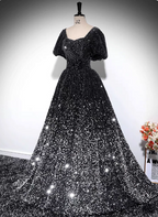 Luxury Shiny Black-Silver Gradient A-Line Short Sleeve Sequin Long Classy Prom Dress