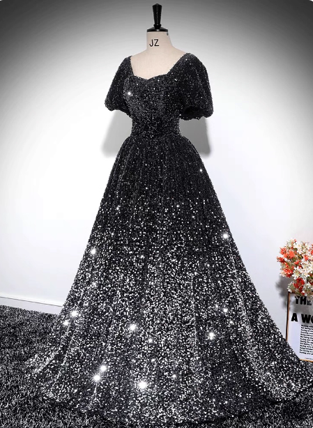 Luxury Shiny Black-Silver Gradient A-Line Short Sleeve Sequin Long Classy Prom Dress