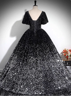 Luxury Shiny Black-Silver Gradient A-Line Short Sleeve Sequin Long Classy Prom Dress
