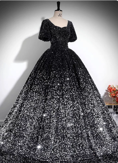Luxury Shiny Black-Silver Gradient A-Line Short Sleeve Sequin Long Classy Prom Dress