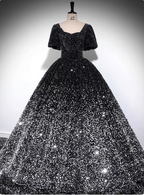 Luxury Shiny Black-Silver Gradient A-Line Short Sleeve Sequin Long Classy Prom Dress