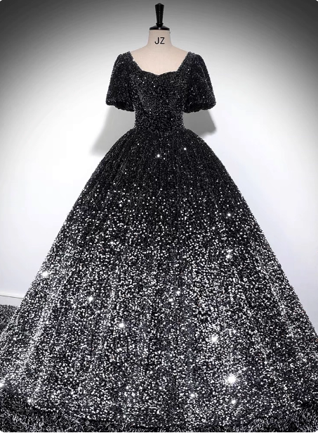 Luxury Shiny Black-Silver Gradient A-Line Short Sleeve Sequin Long Classy Prom Dress