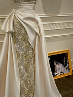 Luxury Slim-Fit Strapless Lace Satin Train Classy Prom Dress Wedding Dress