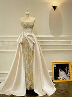 Luxury Slim-Fit Strapless Lace Satin Train Classy Prom Dress Wedding Dress