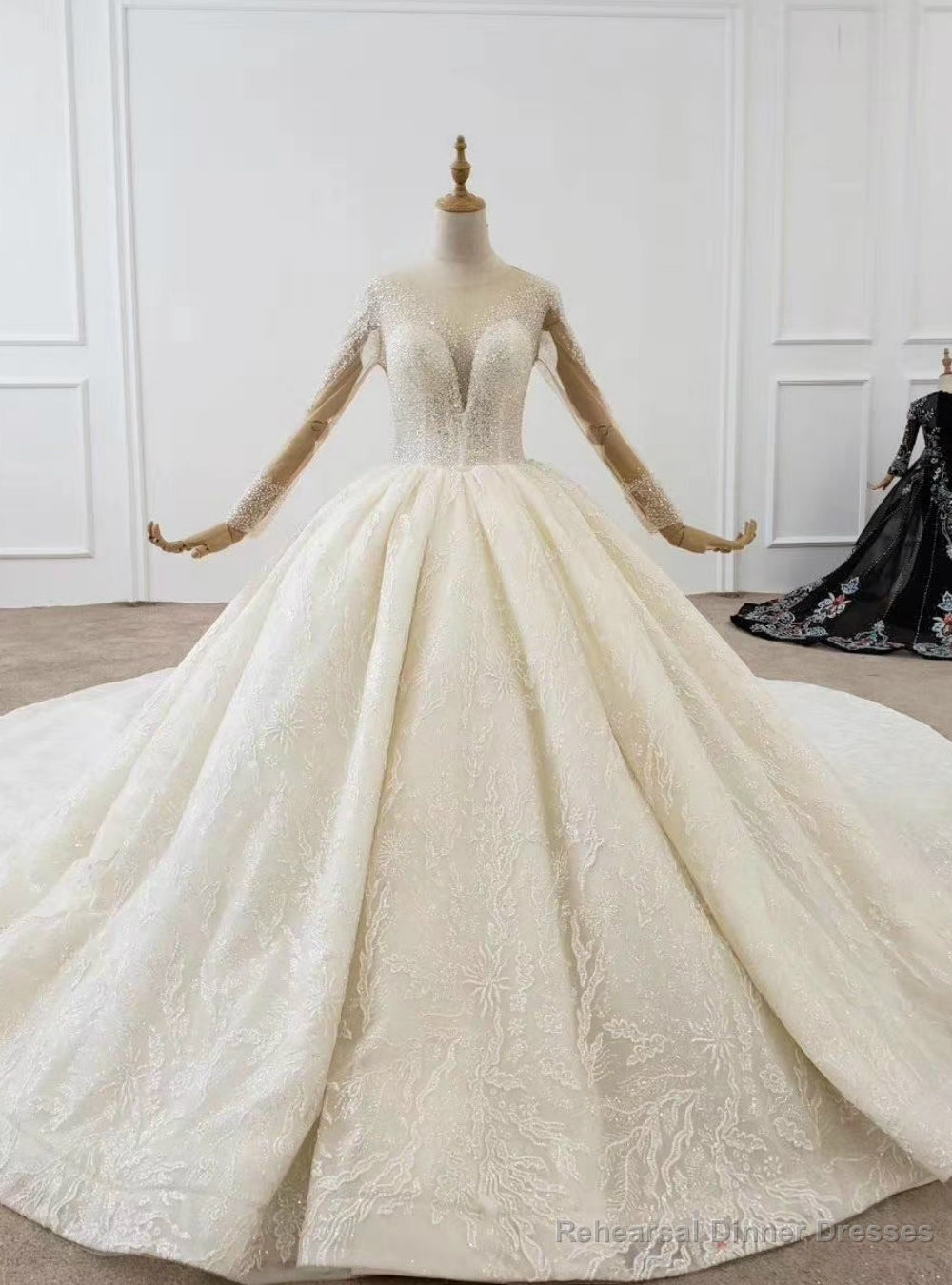 Luxury Tulle Sequins Long Sleeve Backless Beading Wedding Dress Main image