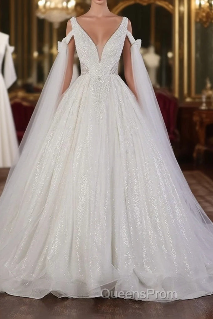 Luxury V-Neck Beadings Wedding Dress Tulle Sleeveless Sequined Bridal Gowns Main image