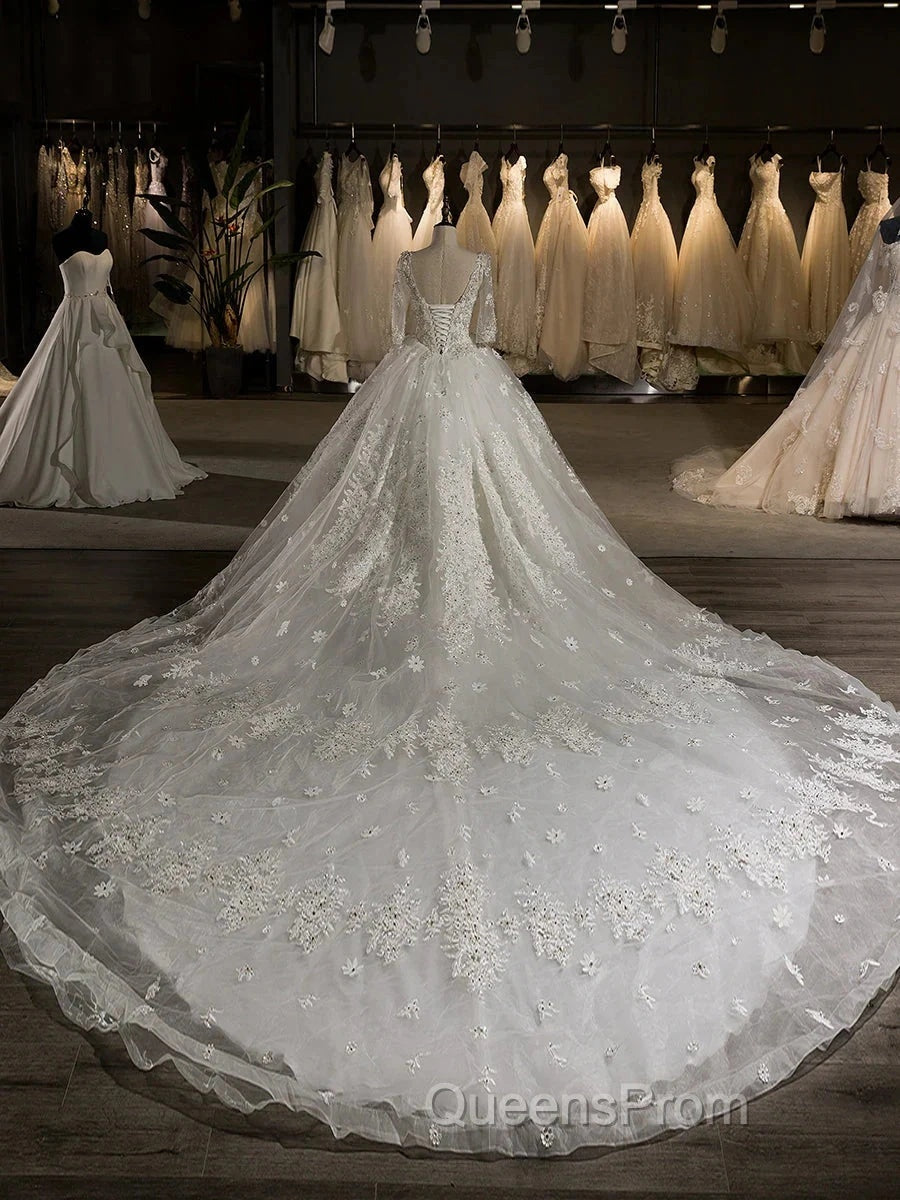 Luxury V-Neck Half Sleeves Tulle Applique With Beading Cathedral Train Ball Gown Wedding Dress Secondary image