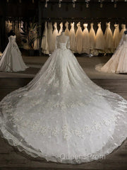 Luxury V-Neck Half Sleeves Tulle Applique With Beading Cathedral Train Ball Gown Wedding Dress