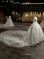 Luxury V-Neck Half Sleeves Tulle Applique With Beading Cathedral Train Ball Gown Wedding Dress
