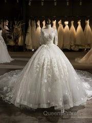 Luxury V-Neck Half Sleeves Tulle Applique With Beading Cathedral Train Ball Gown Wedding Dress