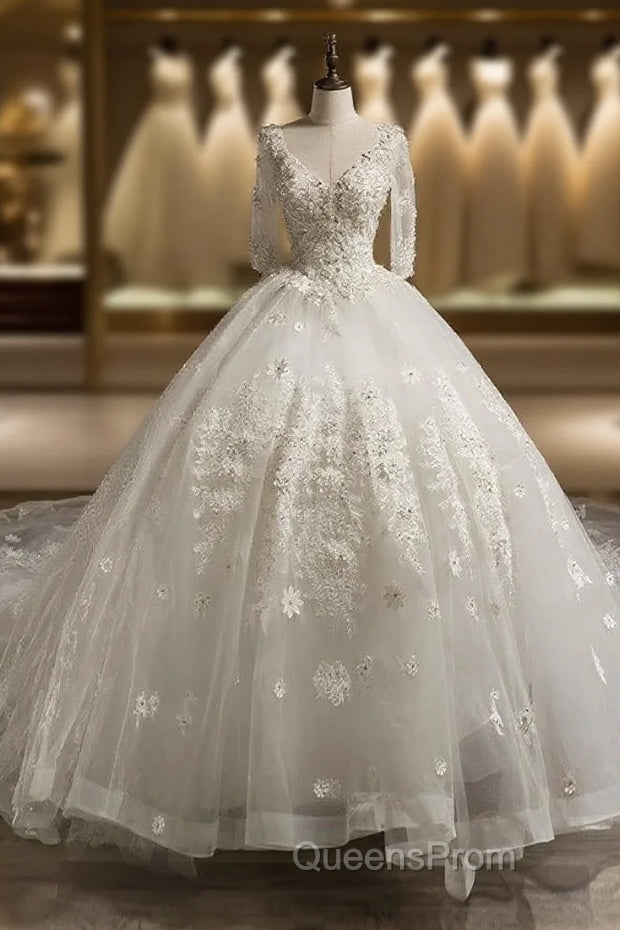 Luxury V-Neck Half Sleeves Tulle Applique With Beading Cathedral Train Ball Gown Wedding Dress Main image