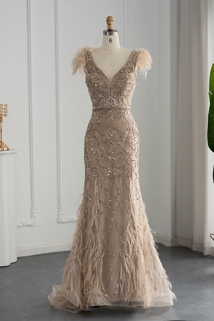 Luxury V Neck Mermaid Evening Prom Dress With Feathers Appliques Main image