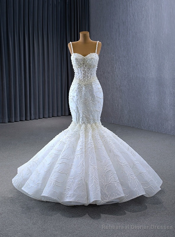 Luxury White Mermaid Straps Pearls Wedding Dress Main image