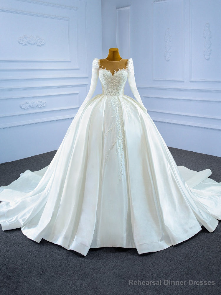 Luxury White Satin Long Sleeve Pearls Wedding Dress Main image