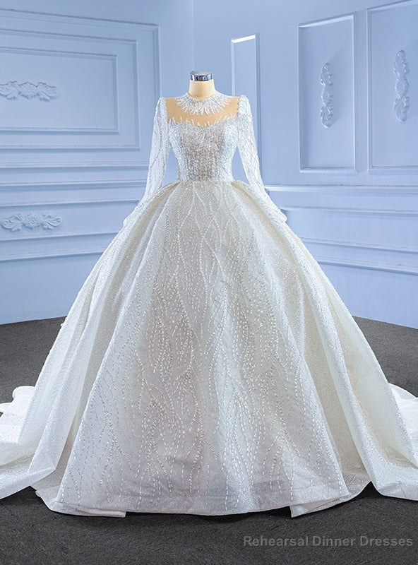 Luxury White Sequins Tulle Long Sleeve Wedding Dress