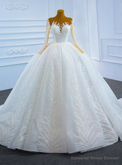 Luxury White Tulle Sequins Long Sleeve Wedding Dress