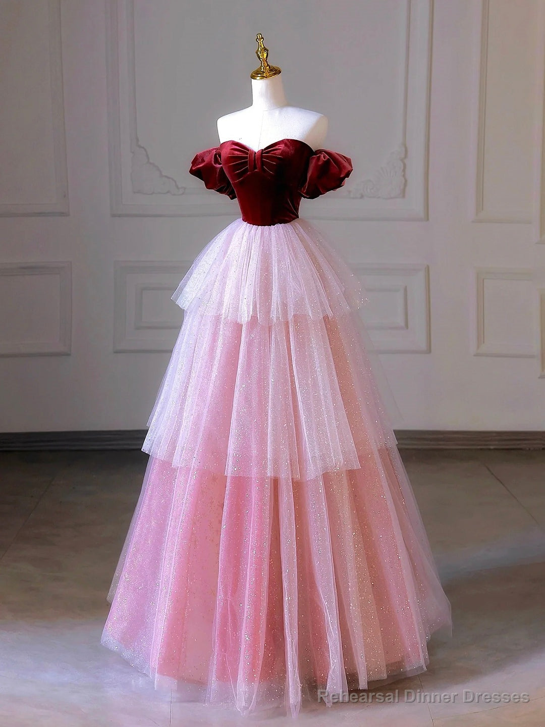 Burgundy Velvet and Layers Tulle Long Prom Dress, Off the Shoulder A-Line Evening Party Dress Main image