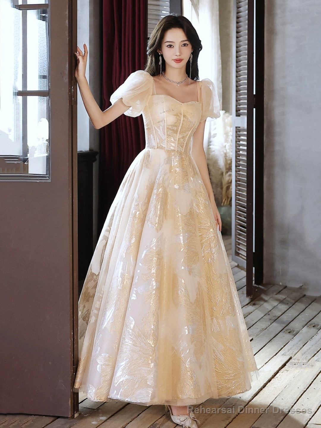 Champagne Tulle Floor Length Prom Dress, Cute Short Sleeve Evening Dress Main image