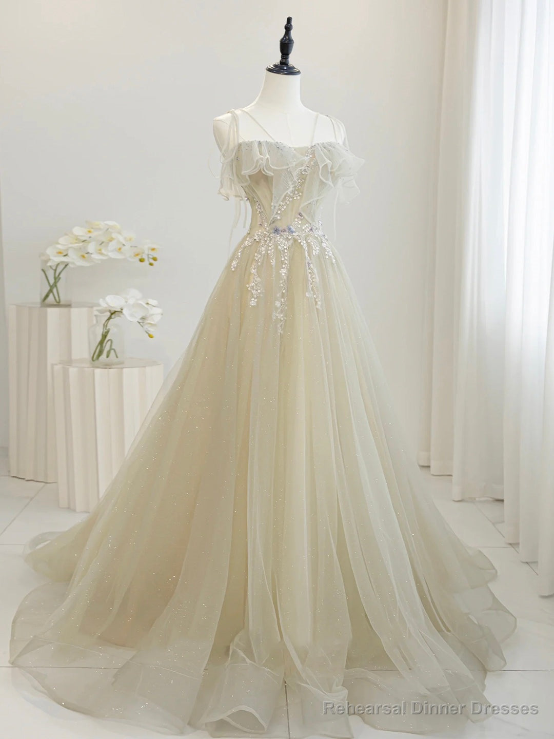 Cute Tulle Sequins Floor Length Prom Dress, Beautiful Spaghetti Strap Evening Party Dress
